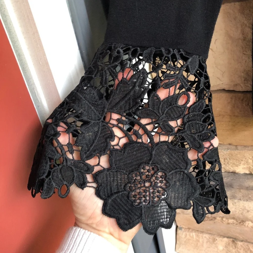 INC International Concepts Black Knit Sweater Top Lace Cuffs Women’s Large EUC - Picture 3 of 12